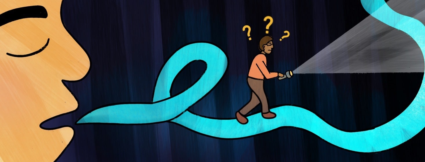 Large doctor head with path representing a speech bubble with a patient walking on it with question marks and a flashlight