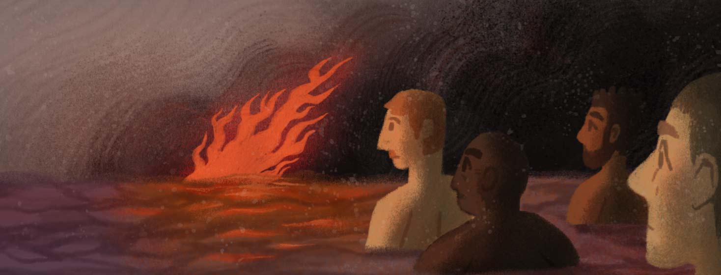 Group of adult males in the ocean watching a wetlands fire from afar. There is smoke in the sky and ashes falling due to the fire.