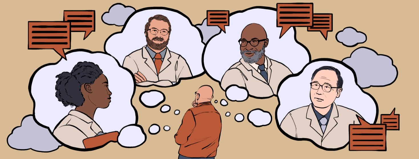 A man looks up at thought bubbles showing four different doctors.