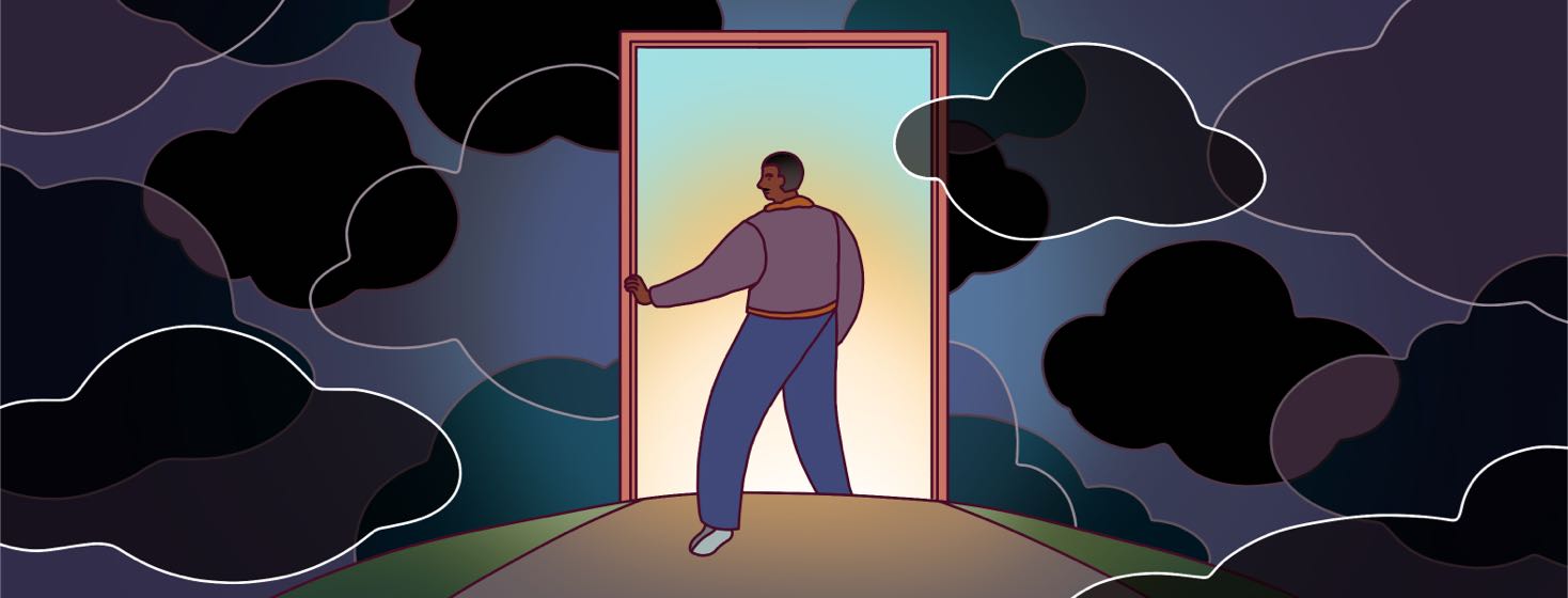 Surrounded by dark clouds, a man walks through a door towards a bright light.