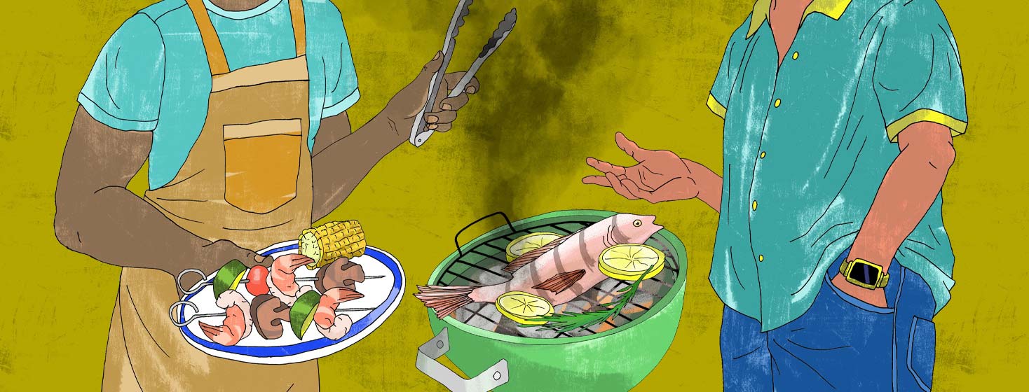 two men stand around a BBQ having a fireside chat about prostate cancer