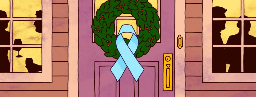 a holiday wreath decorated with a prostate cancer awareness ribbon