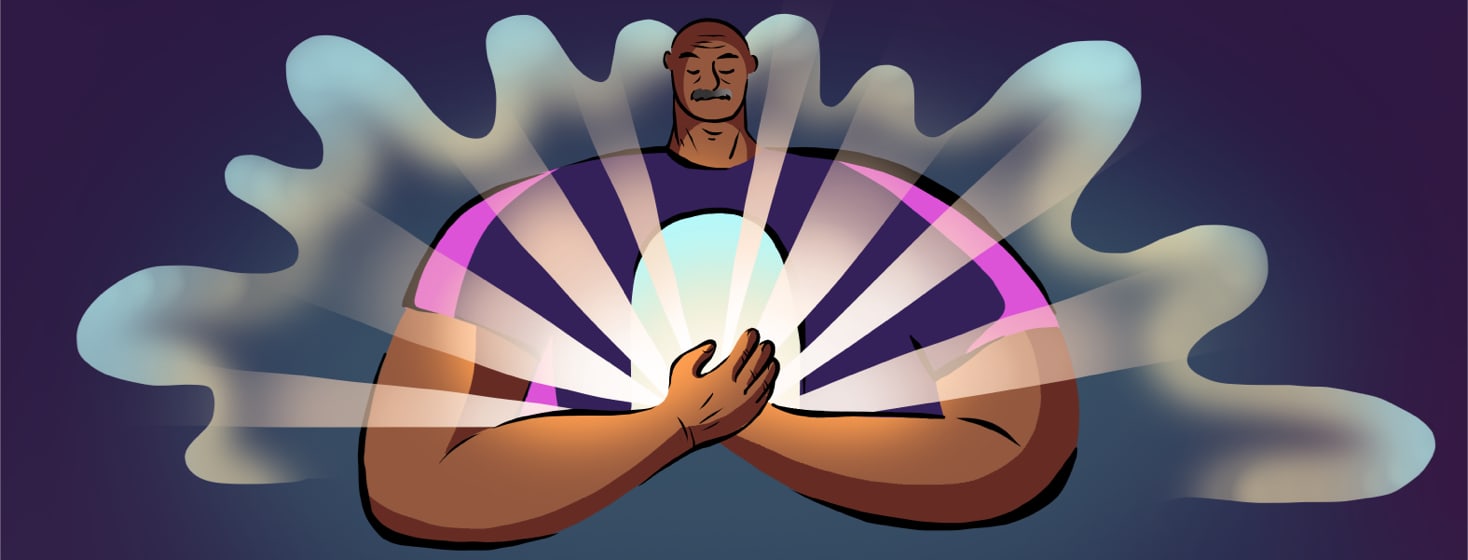 A man holds a doorway in his heart, which glows with a bright light.