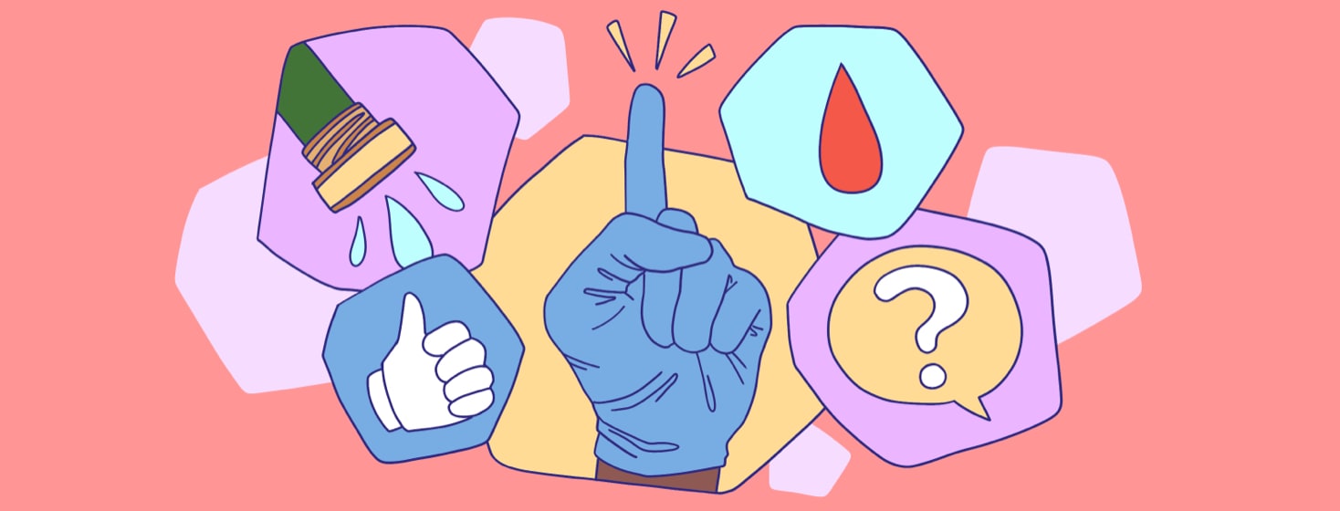 A gloved hand points upwards as a question mark, thumbs up sign, leaky hose, and drop of blood float around it.