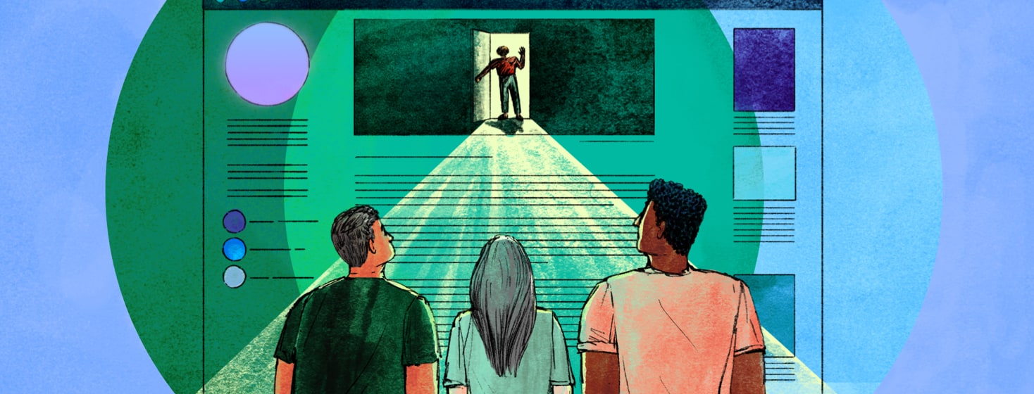 A group of people look up into an online forum where a door has opened, a person standing in the doorway is waving as the light from the doorway is shining them.