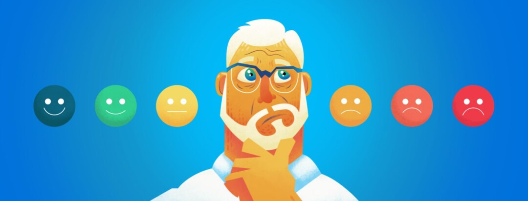 A man with white hair holds his chin while trying to decide on the pain scale using emotions.