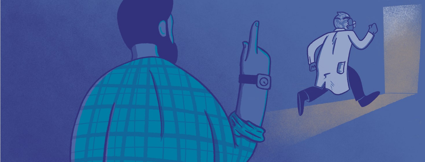 A man holds up a hand to get a doctor's attention. The doctor has his back turned and is running out the door.