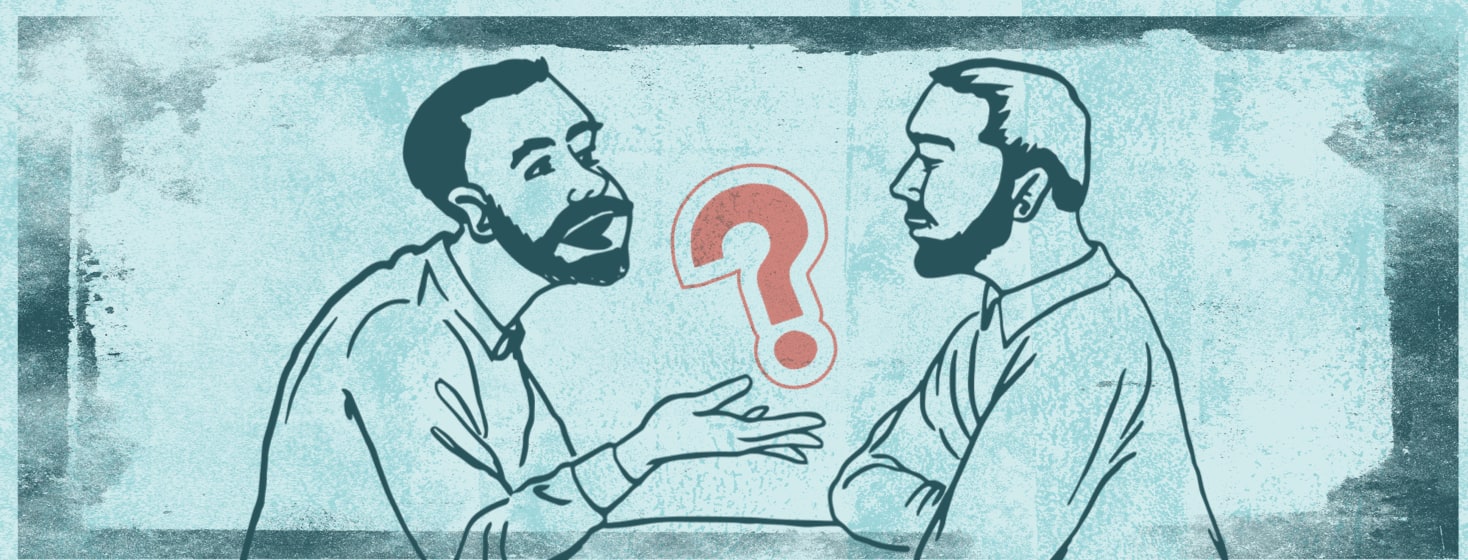 A man is talking to another man as a question mark pops up.