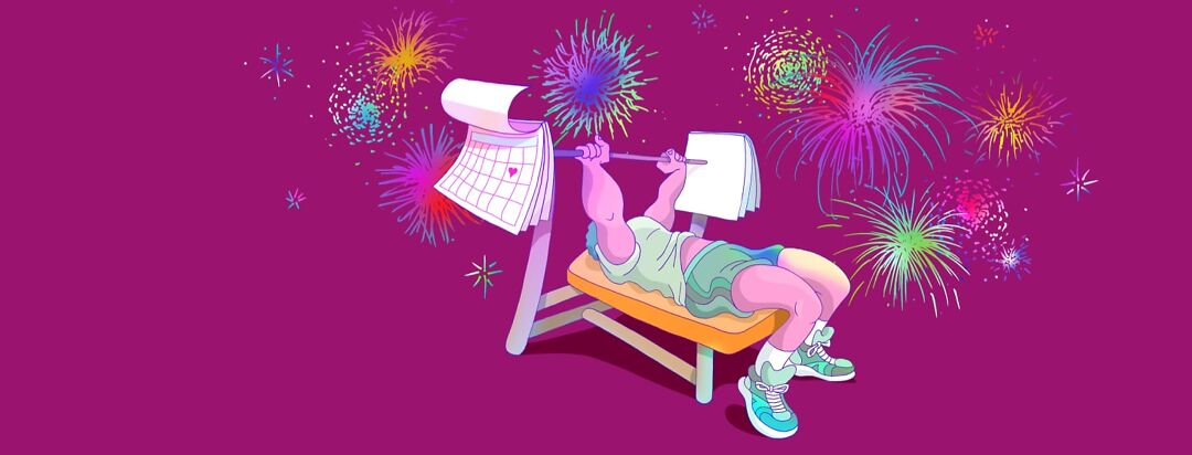 A man bench presses a calendar with a heart on it while fireworks explode in the background.