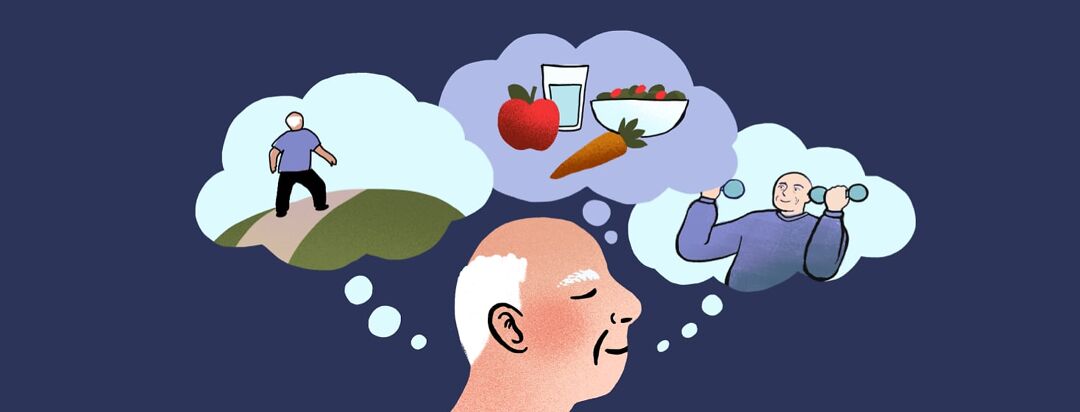 A man with his eyes closed has three thought bubbles above his head. On the left is of him walking outdoors, The middle is choosing healthy foods, and lifting small weights on the right.