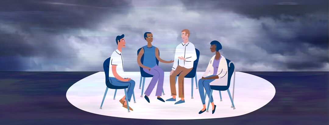 A group of people sitting in chairs at a support group. There are dark clouds around them but it is brighter inside the friendly circle.