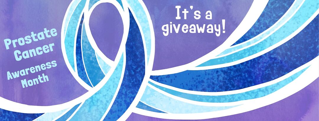 A blue ribbon on a purple background for prostate cancer awareness month. The words "It's giveaway time!" are written in white.