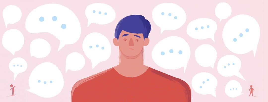 A discouraged man is surrounded by speech bubbles. In both corners are tiny people motivating him with encouraging words.