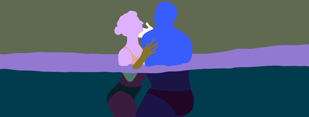 Colorful silhouettes of a couple embracing in water, hands tenderly placed on one another's body