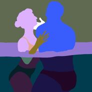 Colorful silhouettes of a couple embracing in water, hands tenderly placed on one another's body
