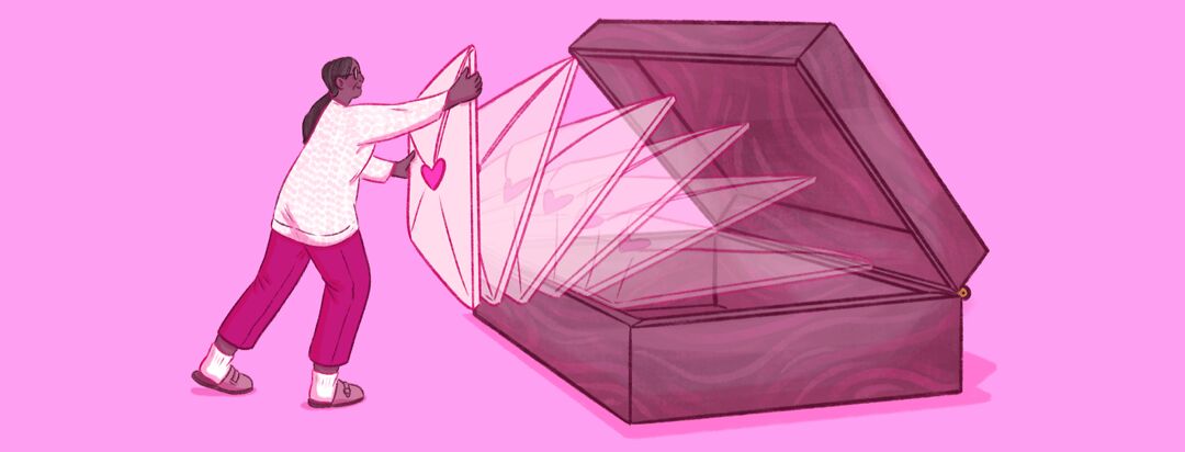 A senior female holds a giant envelope sealed with love, about to place it into a giant box, as multiple envelopes fall into the open box