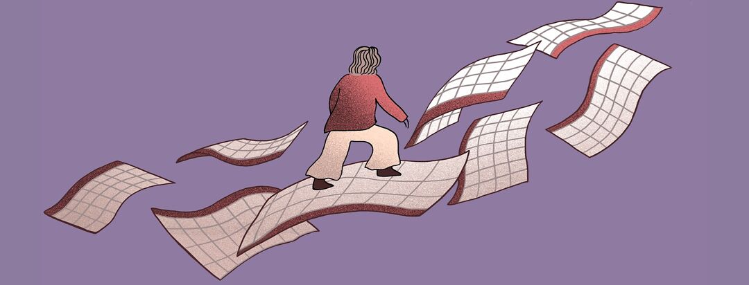 A person walks along calendar pages that are floating down a path