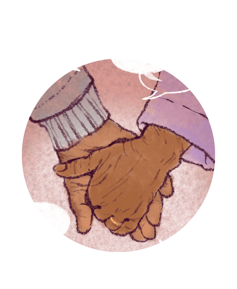 Two people holding hands with speech bubbles floating around them.