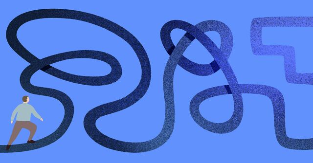 A man walks on a winding and twisting path which eventually straightens out.