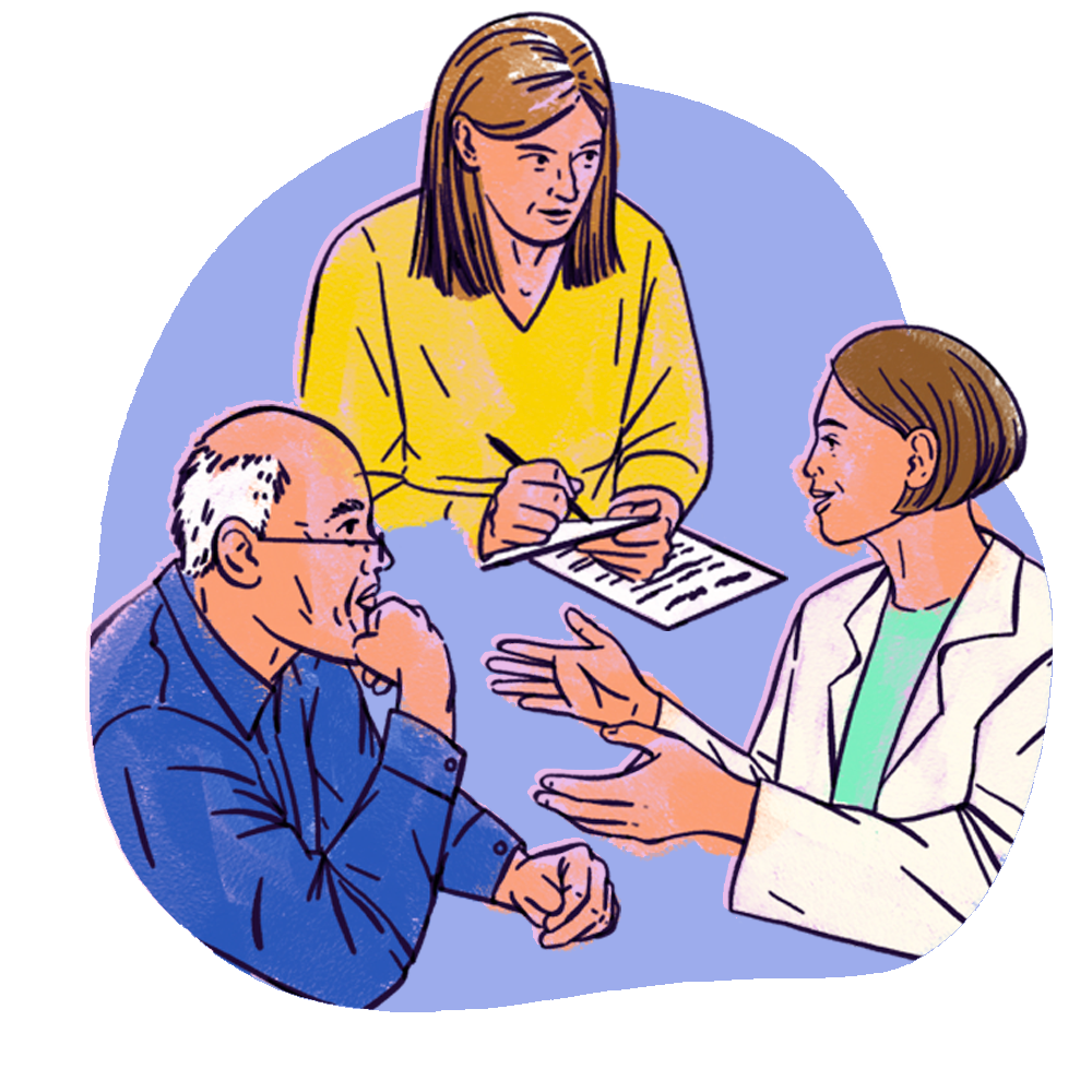 A doctor and patient talking while a friend takes notes